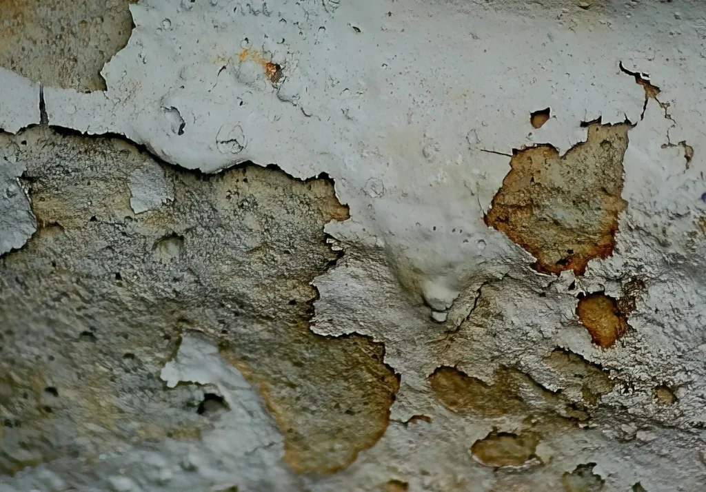 a close up of a wall with peeling paint